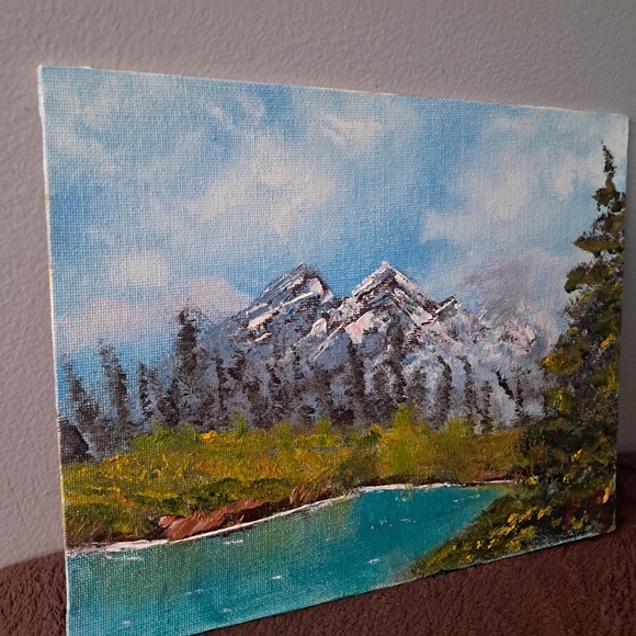 Bob Ross Inspired Hand Painted Canvas Oil Paint Mountains Grassy Feilds - Picture 4 of 5
